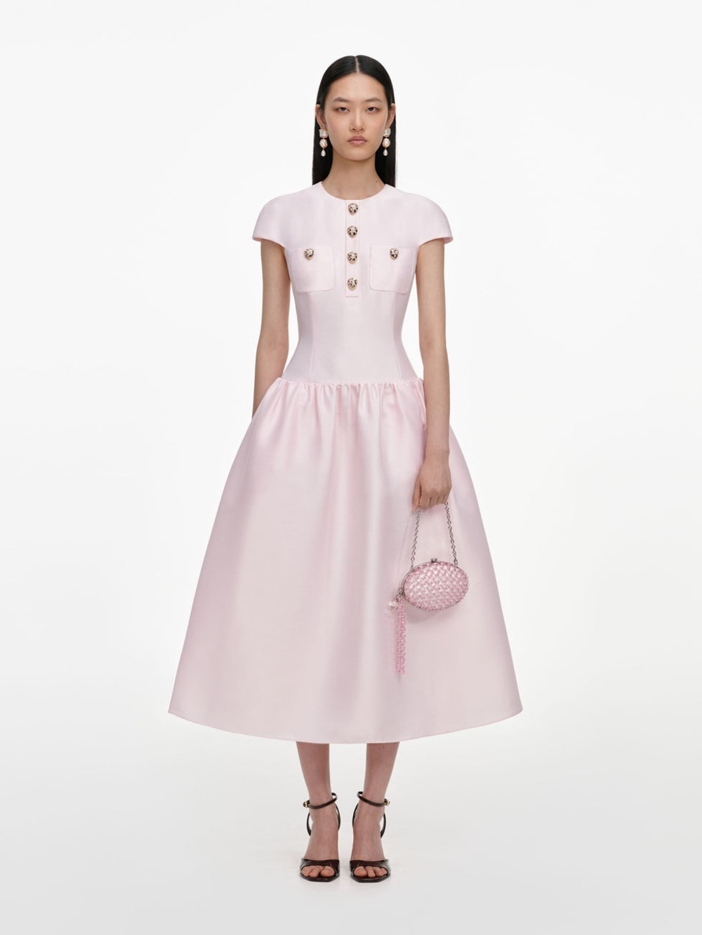 NWOT Self-Portrait Pink Taffeta Buttoned Midi Dress, Size US 6